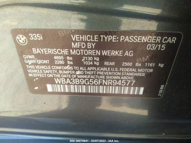 BMW 3 Series 335i Xdrive 2015 WBA3B9G56FNR94577 Image 10