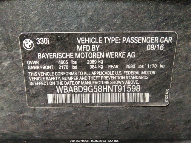 BMW 3 Series 330i Xdrive 2017 WBA8D9G58HNT91598 Image 9