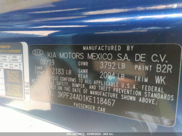 3KPF24AD1KE118467 KIA Forte Lxs