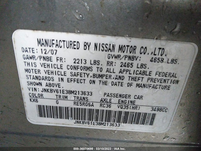 2008 INFINITI G35 SEDAN JOURNEY VIN: JNKBV61E38M213633