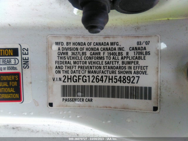 2007 HONDA CIVIC CPE LX VIN: 2HGFG12647H548927