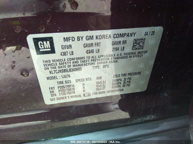 Chevrolet TRAX LS 2020 KL7CJNSB5LB340689 Image 9
