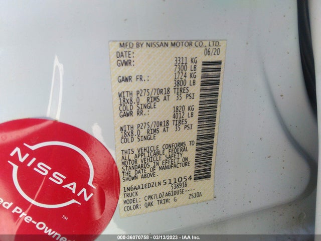 2020 Nissan Titan, VIN: 1N6AA1ED2LN511054