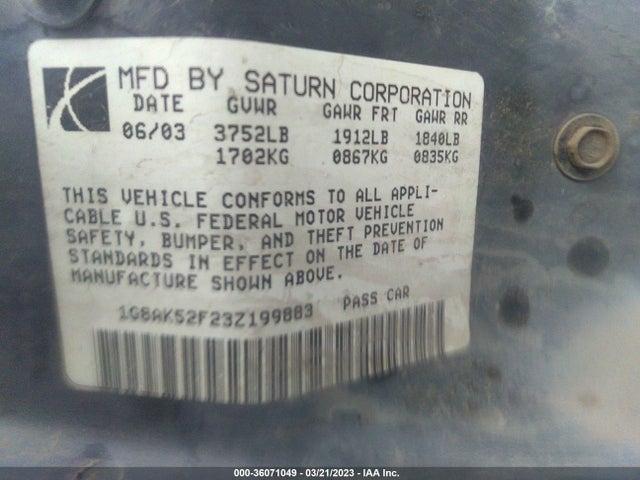 2003 SATURN ION ION 3 VIN: 1G8AK52F23Z199883