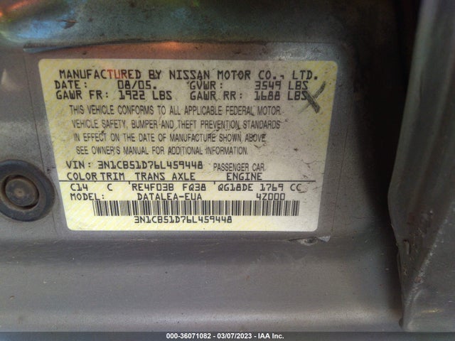 2006 NISSAN SENTRA 1.8 S VIN: 3N1CB51D76L459448
