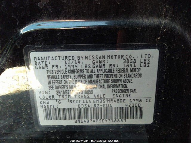 2014 NISSAN SENTRA SR VIN: 3N1AB7AP5EY318859