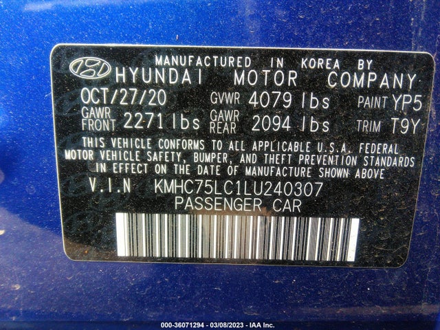 2020 Hyundai Ioniq, VIN: KMHC75LC1LU240307