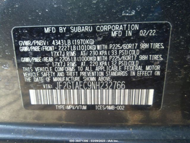 JF2GTAEC9NH232766 Subaru Crosstrek Premium