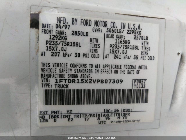 1997 FORD RANGER XLT/STX/SPLASH VIN: 1FTDR15X2VPB07309