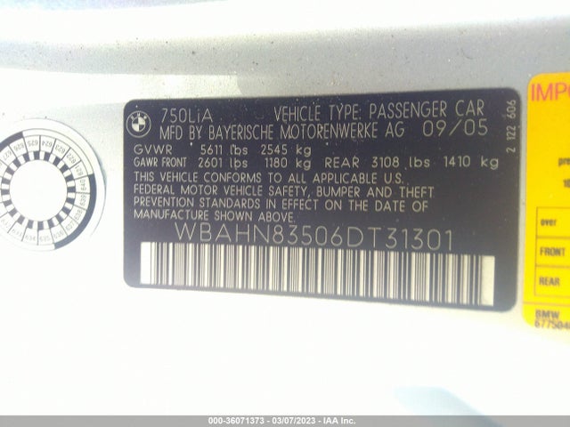 BMW 7 Series 750li 2006 WBAHN83506DT31301 Image 9