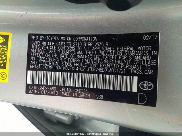 Toyota Mirai 2017 JTDBVRBD0HA001721 Image 10