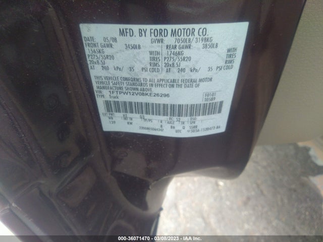 2008 FORD F-150 XLT/FX2/LARIAT VIN: 1FTPW12V08KE26296