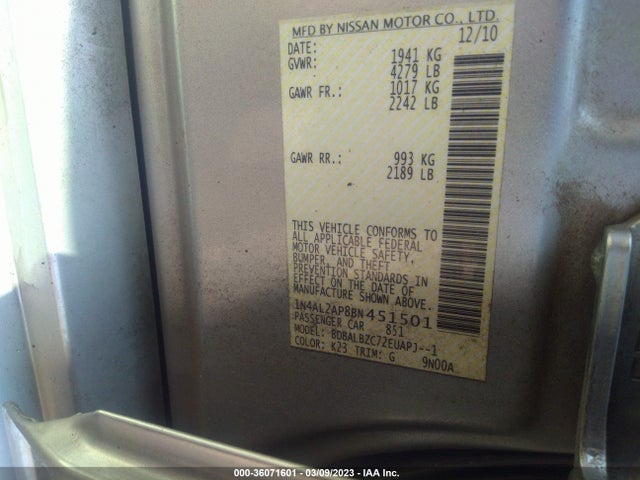 2011 NISSAN ALTIMA 2.5 S VIN: 1N4AL2AP8BN451501