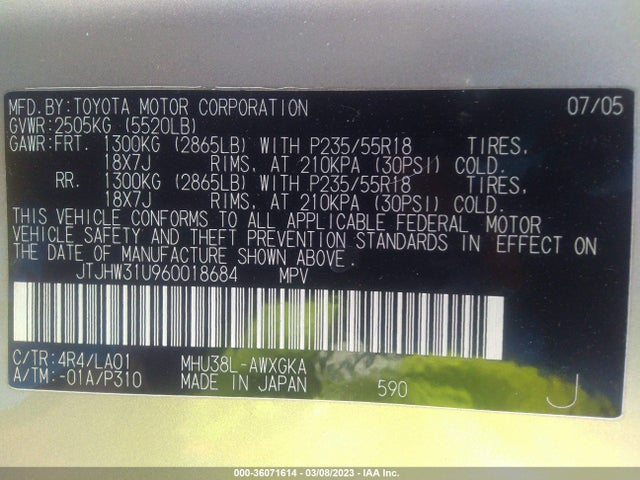 JTJHW31U960018684 Lexus RX 400H