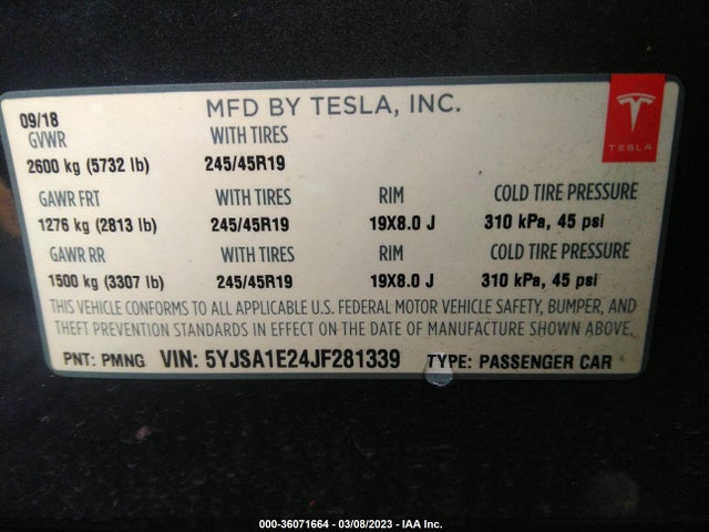 2018 Tesla Model S, VIN: 5YJSA1E24JF281339