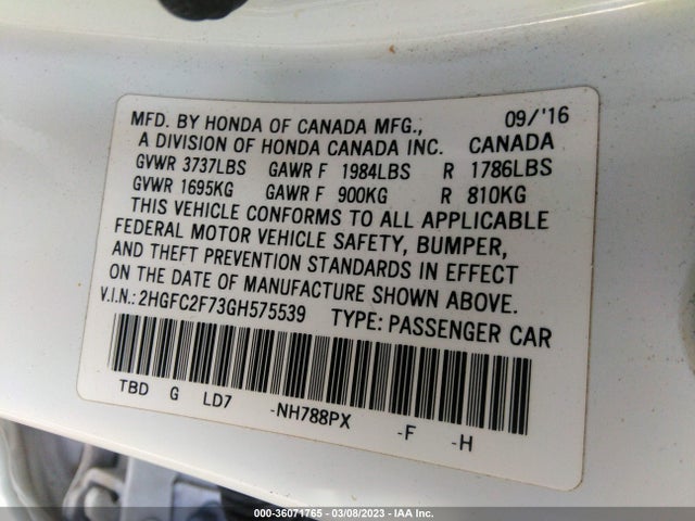 Honda Civic Sedan Ex 2016 2HGFC2F73GH575539 Image 9