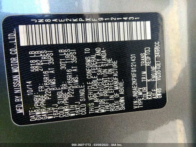 Nissan Quest 2015 JN8AE2KPXF9121431 Image 9