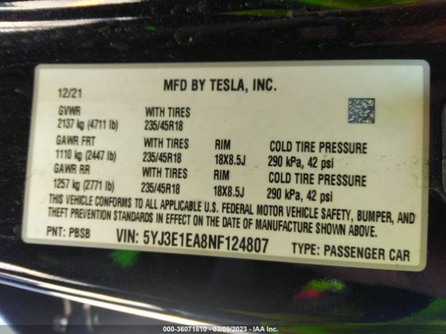 5YJ3E1EA8NF124807 Tesla MODEL 3