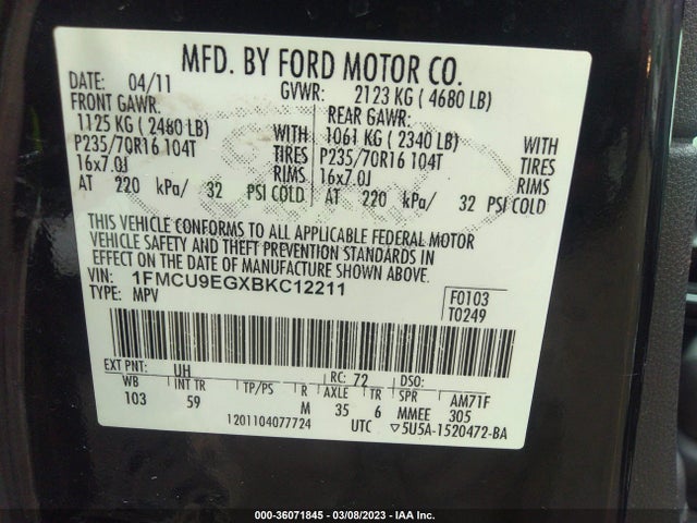 2011 FORD ESCAPE LIMITED VIN: 1FMCU9EGXBKC12211