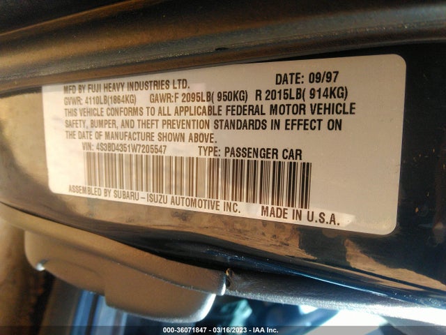 1998 SUBARU LEGACY SEDAN L VIN: 4S3BD4351W7205547