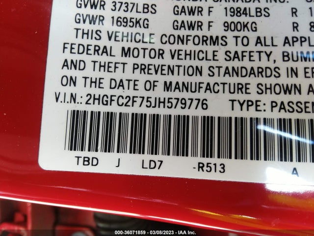 Honda Civic Sedan Ex 2018 2HGFC2F75JH579776 Image 9