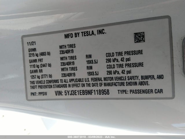 Tesla Model 3 Long Range 2022 5YJ3E1EB9NF118958 Image 9
