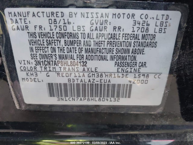 Nissan Versa Sedan S Plus 2017 3N1CN7AP8HL804132 Image 11