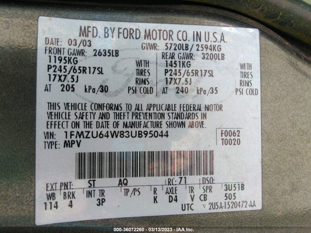 2003 FORD EXPLORER EDDIE BAUER VIN: 1FMZU64W83UB95044