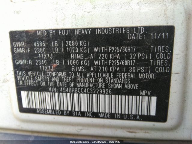 4S4BRBCC4C3229926 Subaru Outback 2.5i Prem