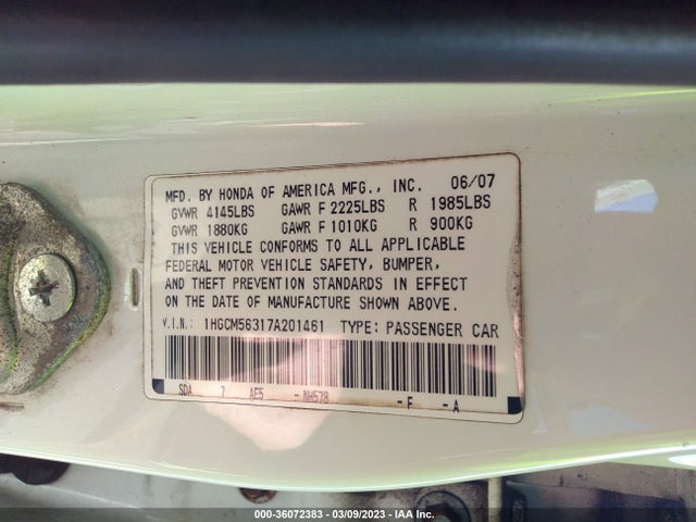 2007 HONDA ACCORD SDN LX SE VIN: 1HGCM56317A201461