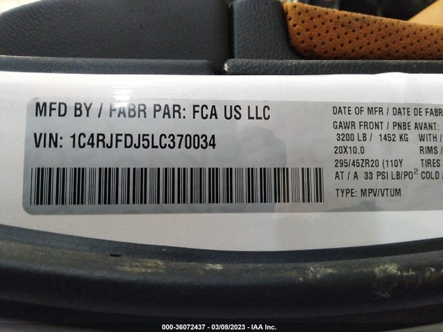 2020 JEEP GRAND CHER VIN: 1C4RJFDJ5LC370034