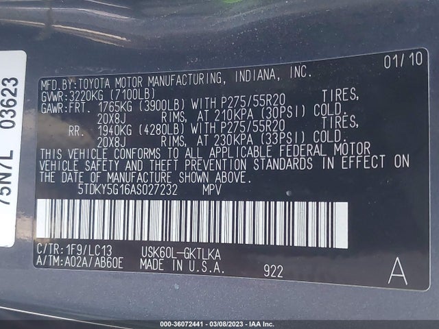 2010 TOYOTA SEQUOIA LTD VIN: 5TDKY5G16AS027232