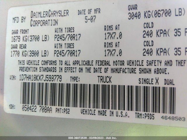 Dodge Ram 1500 St 2007 1D7HA18KX7J598779 Image 10
