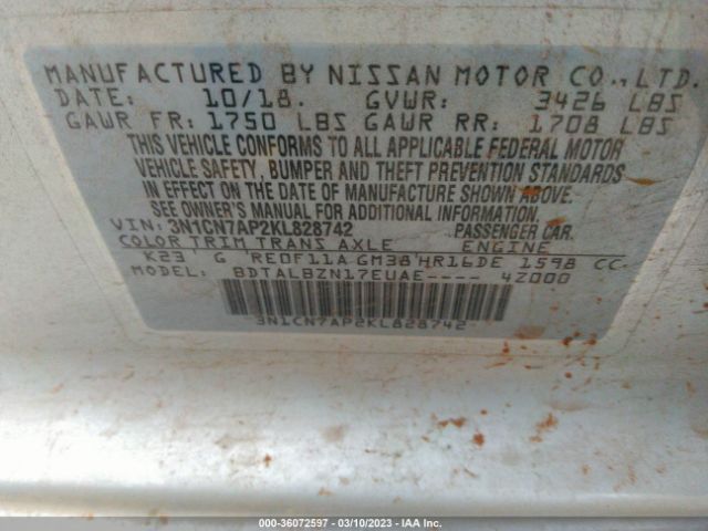 3N1CN7AP2KL828742 Nissan Versa Sedan Sv