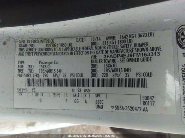 2015 FORD FIESTA SE VIN: 3FADP4EJ9FM163313