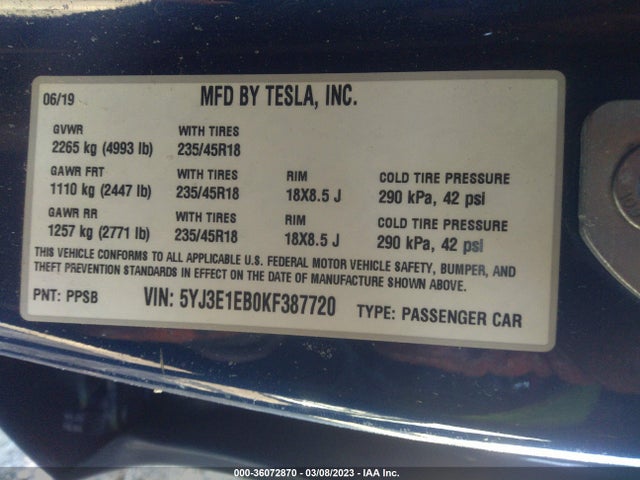 Tesla Model 3 Long Range/performance 2019 5YJ3E1EB0KF387720 Image 9