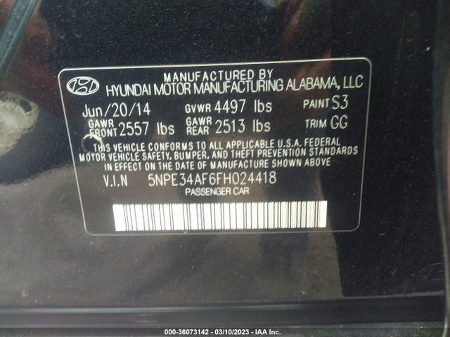 2015 HYUNDAI SONATA 2.4L SPORT VIN: 5NPE34AF6FH024418