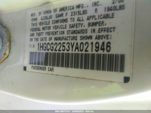 2000 HONDA ACCORD CPE EX W/LEATHER VIN: 1HGCG2253YA021946