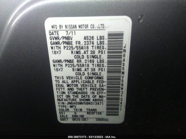 2011 NISSAN ROGUE SV VIN: JN8AS5MV5BW313471