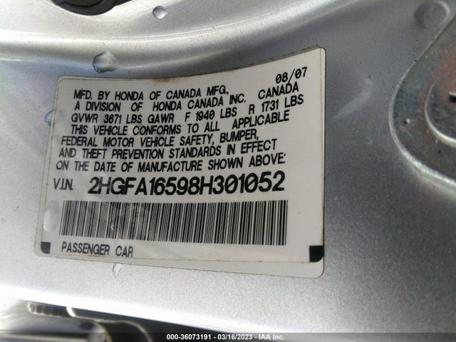 Honda Civic Sdn Lx 2008 2HGFA16598H301052 Image 10
