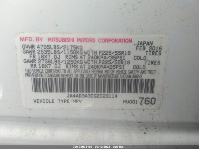 JA4AD3A30GZ029114 Mitsubishi Outlander Se/sel