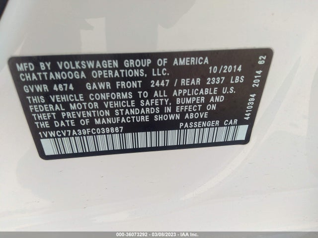 1VWCV7A39FC039867 Volkswagen Passat 2.0l Tdi Sel Premium