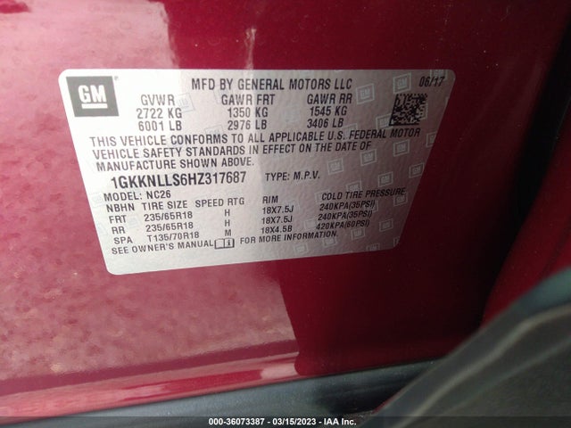 GMC ACADIA SLE 2017 1GKKNLLS6HZ317687 Image 9