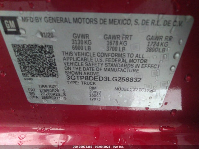 2020 GMC SIERRA 1500 SLT VIN: 3GTP8DED3LG258832