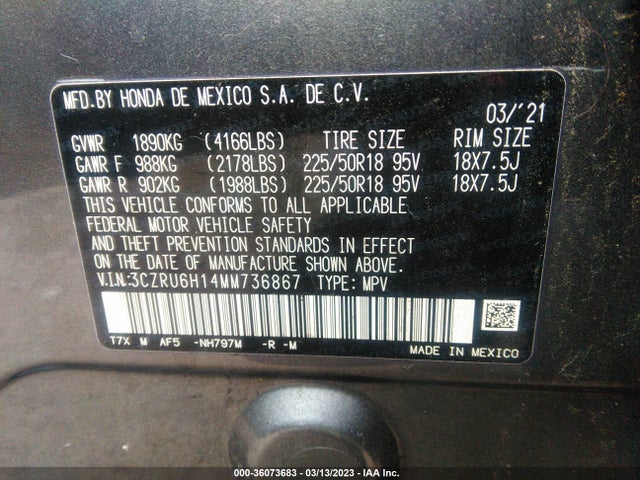 2021 HONDA HR-V SPORT VIN: 3CZRU6H14MM736867