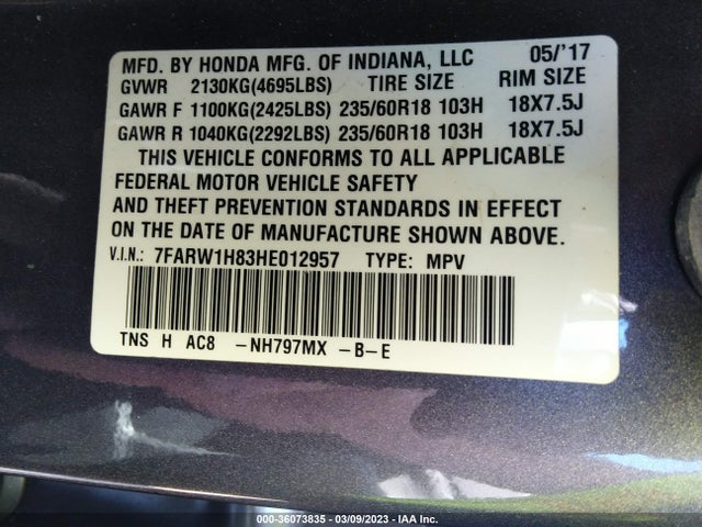 Honda Cr-v Ex-l 2017 7FARW1H83HE012957 Image 9