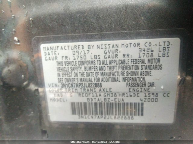 3N1CN7AP2JL822888 Nissan Versa Sedan Sv