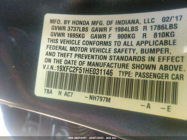 Honda Civic Sedan Lx 2017 19XFC2F51HE031146 Image 9