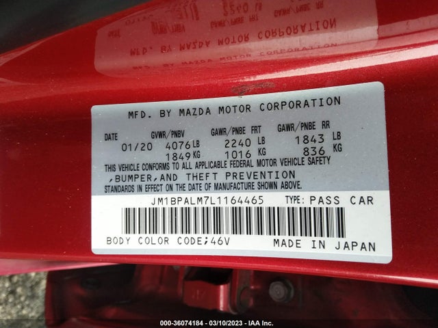 2020 MAZDA MAZDA3 HATCHBACK VIN: JM1BPALM7L1164465