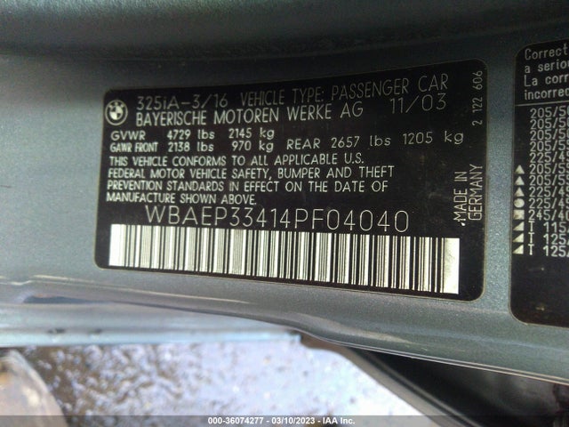 2004 BMW 3 SERIES 325XI VIN: WBAEP33414PF04040